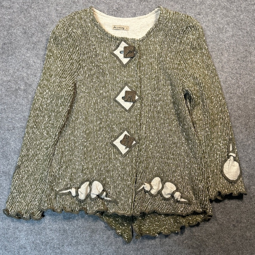 She's Crazy Artistic Knit Cardigan Large Green Marled Asymmetrical‎ Lettuce Hem